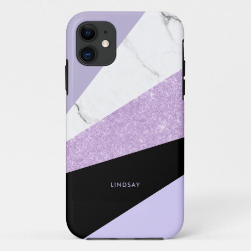 Modern geometric purple glitter white marble iPhone 11 case