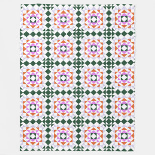 Modern Geometric Quilt Block Pattern Green Purple  Fleece Blanket