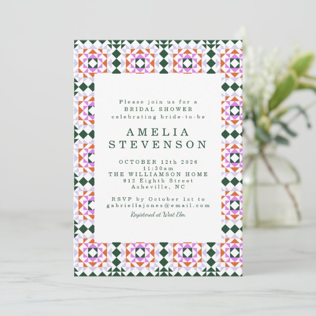 Modern Geometric Quilt Green Purple Bridal Shower Invitation (Standing Front)