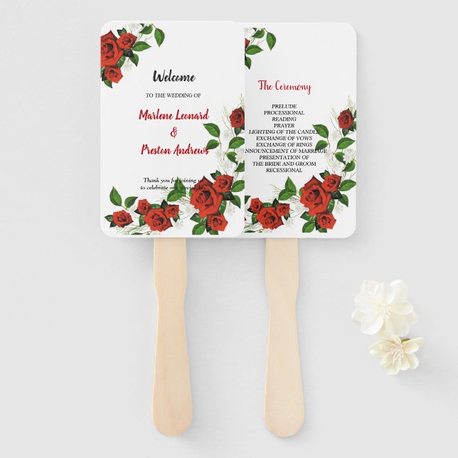 Modern Geometric  Red Floral Wedding Program Hand Fan (Front and Back)