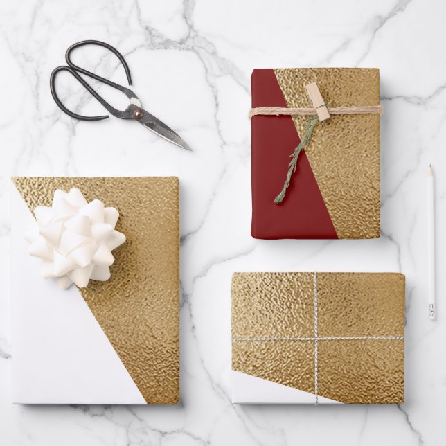 Modern Geometric Red Gold White Christmas Wrapping Paper Sheets (Front)
