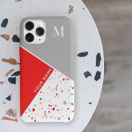 Modern Geometric Red Grey Terrazzo Monogram iPhone 12 Case