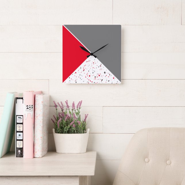 Modern Geometric Red Grey Terrazzo Pattern Square Wall Clock (Reading Room)