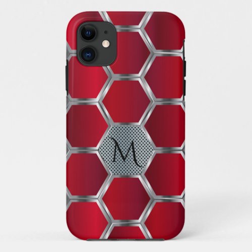 Modern Geometric Red  Silver Pattern Monogram GR5 iPhone 11 Case