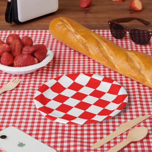 Modern Geometric Red White Bold Checkers Paper Plates (Picnic)