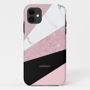 Modern geometric rose gold glitter white marble iPhone 11 case
