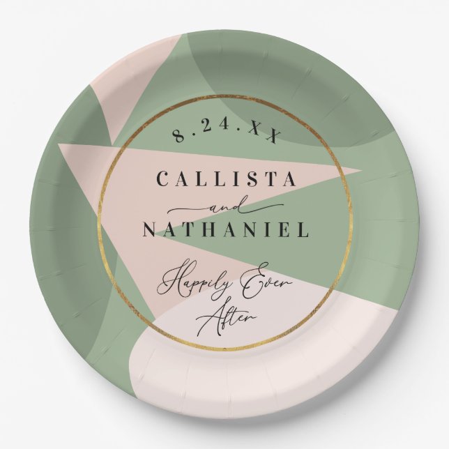 Modern Geometric Sage Green Dusty Pink Wedding Paper Plates (Front)