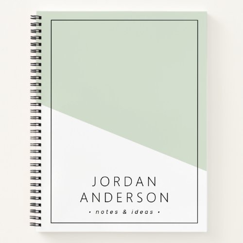 Modern geometric sage green white name and text notebook