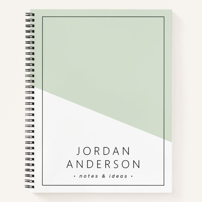 Modern geometric sage green white name and text notebook (Front)