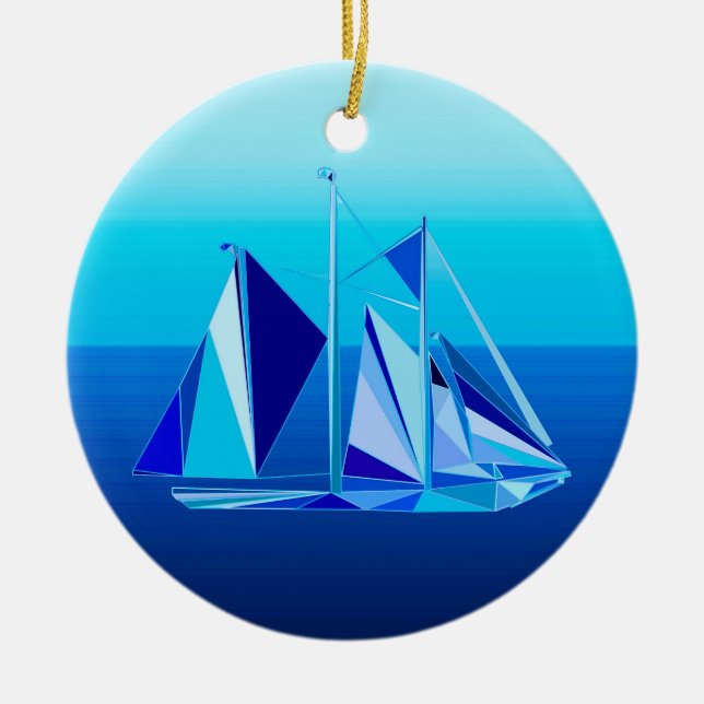 Modern Geometric Sailboat / Yacht, Cobalt Blue Ceramic Ornament (Front)