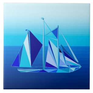 Modern Geometric Sailboat / Yacht, Cobalt Blue Ceramic Tile