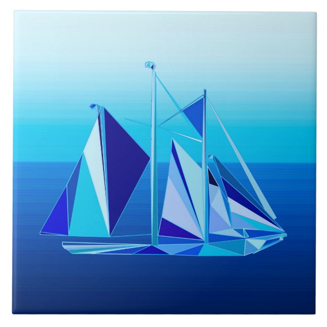Modern Geometric Sailboat / Yacht, Cobalt Blue Ceramic Tile (Front)