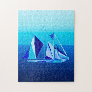 Modern Geometric Sailboat / Yacht, Cobalt Blue Jigsaw Puzzle