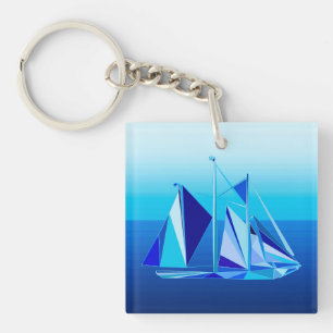Modern Geometric Sailboat / Yacht, Cobalt Blue Keychain
