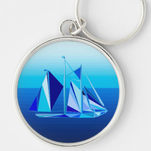 Modern Geometric Sailboat / Yacht, Cobalt Blue Keychain