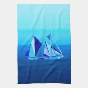 Modern Geometric Sailboat / Yacht, Cobalt Blue Kitchen Towel