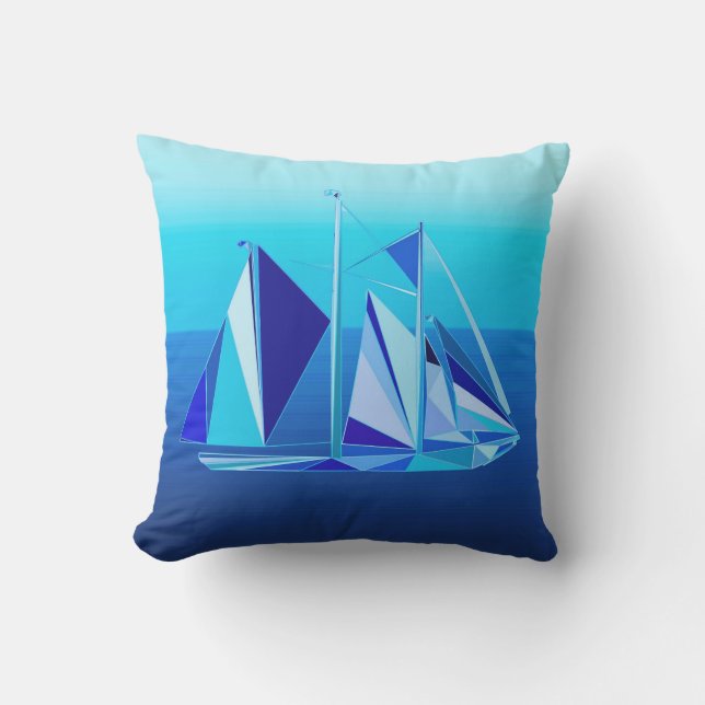 Modern Geometric Sailboat / Yacht, Cobalt Blue Outdoor Pillow (Front)