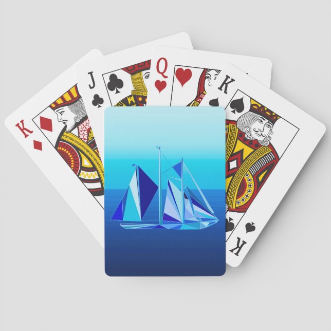 Modern Geometric Sailboat / Yacht, Cobalt Blue Poker Cards (Back)