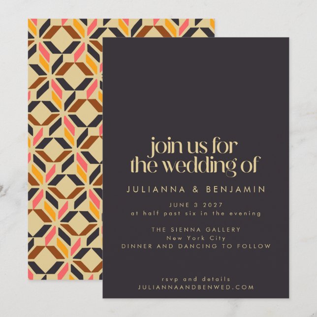 Modern Geometric Shapes Black Yellow Bold Wedding Invitation (Front/Back)