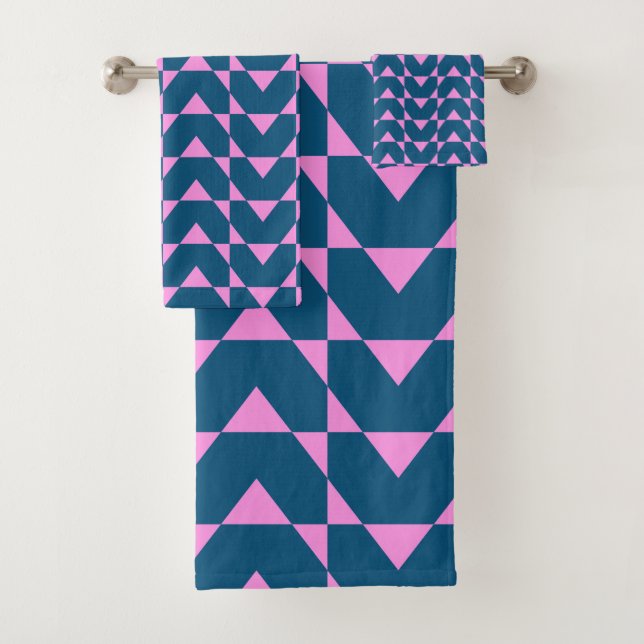 Modern Geometric Shapes Pattern in Blue and Pink Bath Towel Set (Insitu)