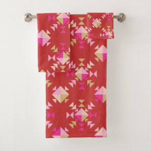 Modern Geometric Shapes Pattern in Bright Red Bath Towel Set