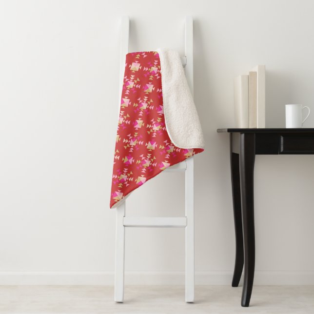 Modern Geometric Shapes Pattern in Bright Red Sherpa Blanket (In Situ)