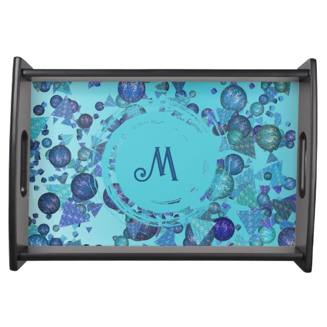Modern geometric shapes with monogram in blue serving tray (Front)