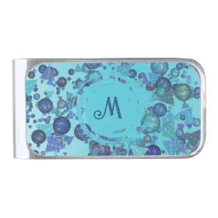 Modern geometric shapes with monogram in blue silver finish money clip