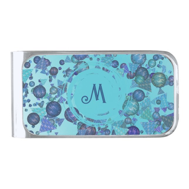 Modern geometric shapes with monogram in blue silver finish money clip (Front)
