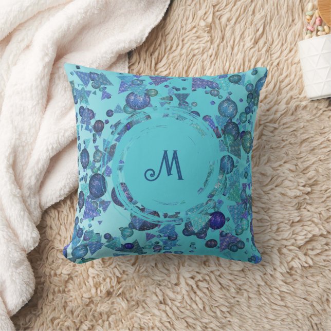 Modern geometric shapes with monogram in blue throw pillow (Blanket)