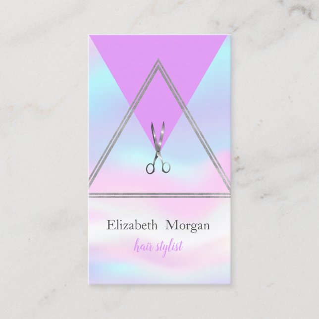 Modern Geometric Silver,Scissors Holographic Business Card (Front)