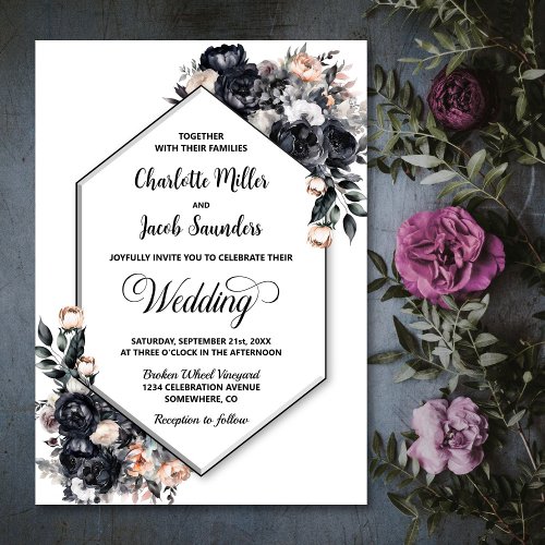Modern Geometric Smokey Black Floral Wedding Invitation