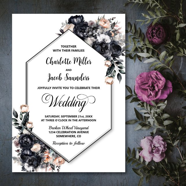 Modern Geometric Smokey Black Floral Wedding Invitation (Creator Uploaded)