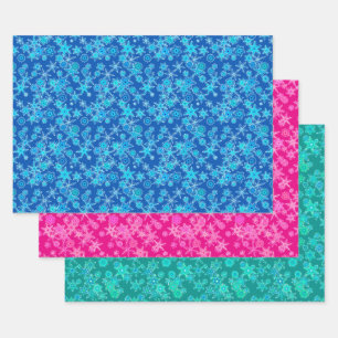 Modern Geometric Snowflakes, Blue, Pink,Turquoise Wrapping Paper Sheets