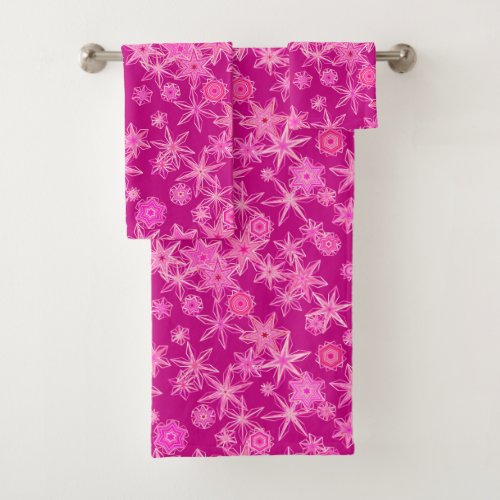 Modern Geometric Snowflakes Deep Fuchsia Pink Bath Towel Set