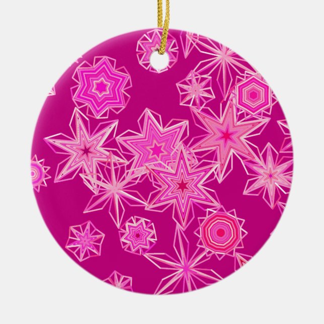 Modern Geometric Snowflakes, Deep Fuchsia Pink Ceramic Ornament (Front)