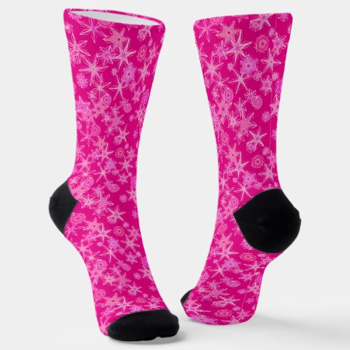Modern Geometric Snowflakes Deep Fuchsia Pink  Socks
