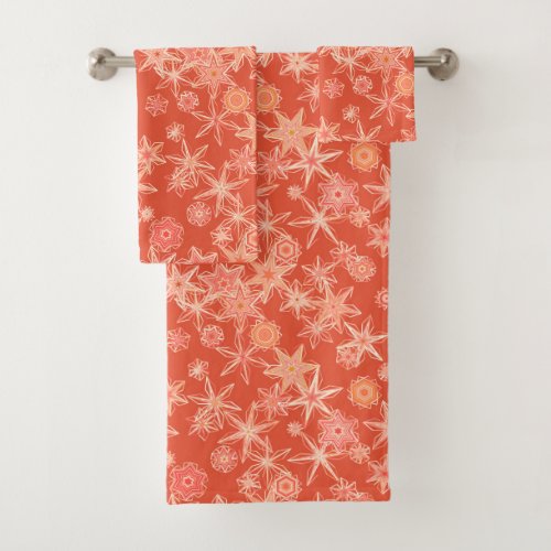 Modern Geometric Snowflakes Mandarin Orange Bath Towel Set