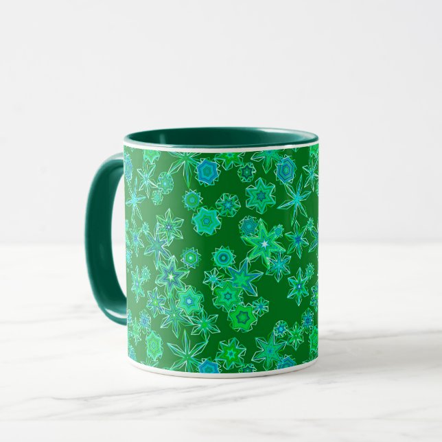 Modern Geometric Snowflakes on Emerald Green  Mug (Front Left)