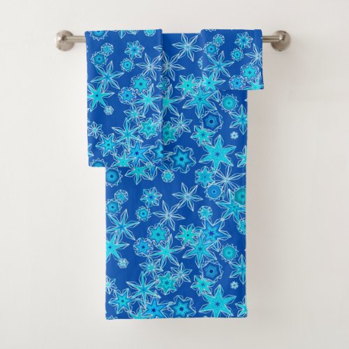 Modern Geometric Snowflakes Sapphire Blue Bath Towel Set