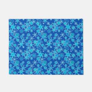 Modern Geometric Snowflakes, Sapphire Blue Doormat