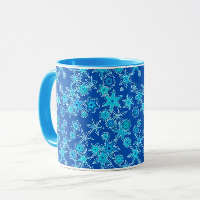 Modern Geometric Snowflakes, Sapphire Blue Mug (Front Left)