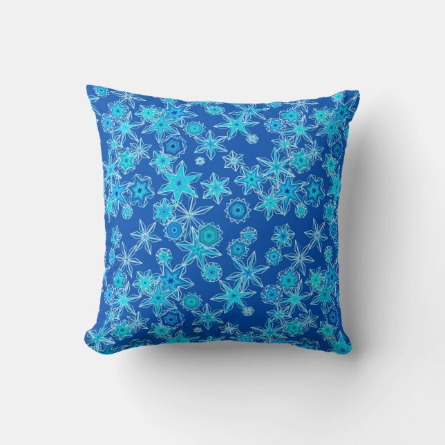 Modern Geometric Snowflakes, Sapphire Blue Throw Pillow (Front)