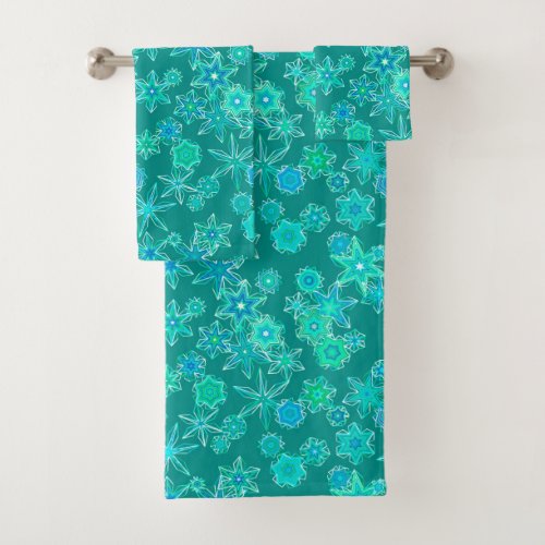 Modern Geometric Snowflakes Turquoise and Aqua Bath Towel Set
