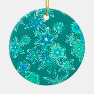 Modern Geometric Snowflakes, Turquoise and Aqua Ceramic Ornament
