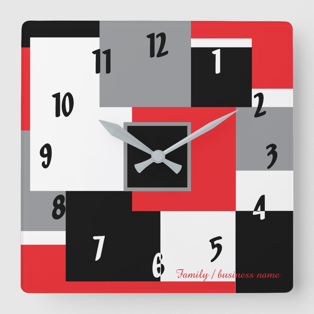 Modern Geometric Square Shapes Red Black White Square Wall Clock