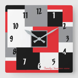 Modern Geometric Square Shapes Red Black White Wall Clock