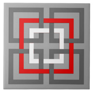 Modern Geometric Squares, Gray, Red and White Ceramic Tile