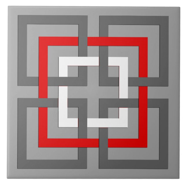 Modern Geometric Squares, Gray, Red and White Ceramic Tile (Front)