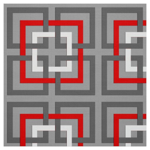 Modern Geometric Squares, Gray, Red and White Fabric